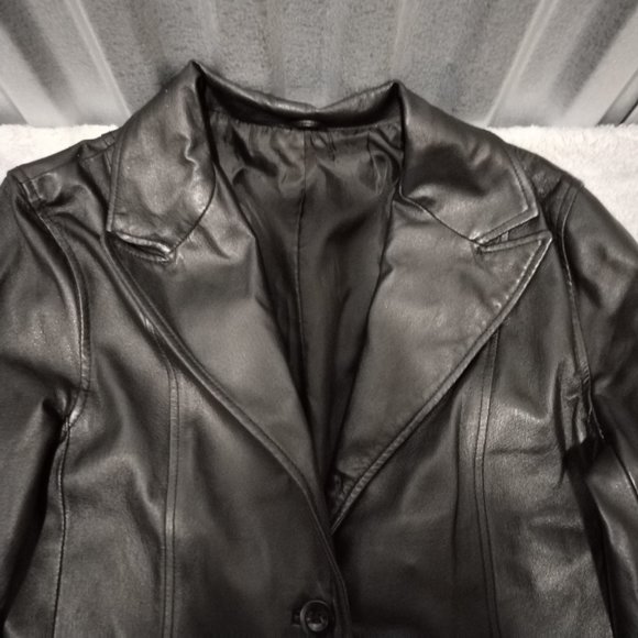 VTG C&A Jacket Women 14 Black Nappa Leather Trench Coat Long Leg Slit Steampunk - Picture 11 of 16